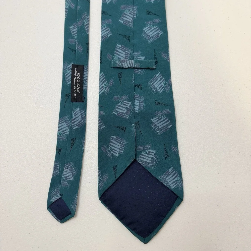 Men's 100% Silk Woven Geometric Abstract Pointed Tie, Teal Gray Black‎